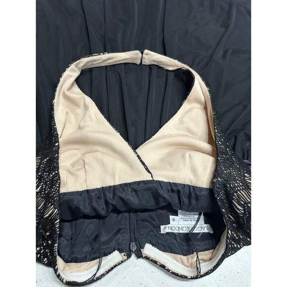 Holiday Party Dress Halter Midi Formal Evening Lace Overlay Black 8 Maggie Londn - Picture 8 of 12